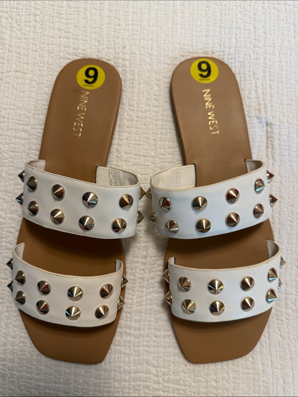 Nine West White Double-Strap Studded Slide Sandals